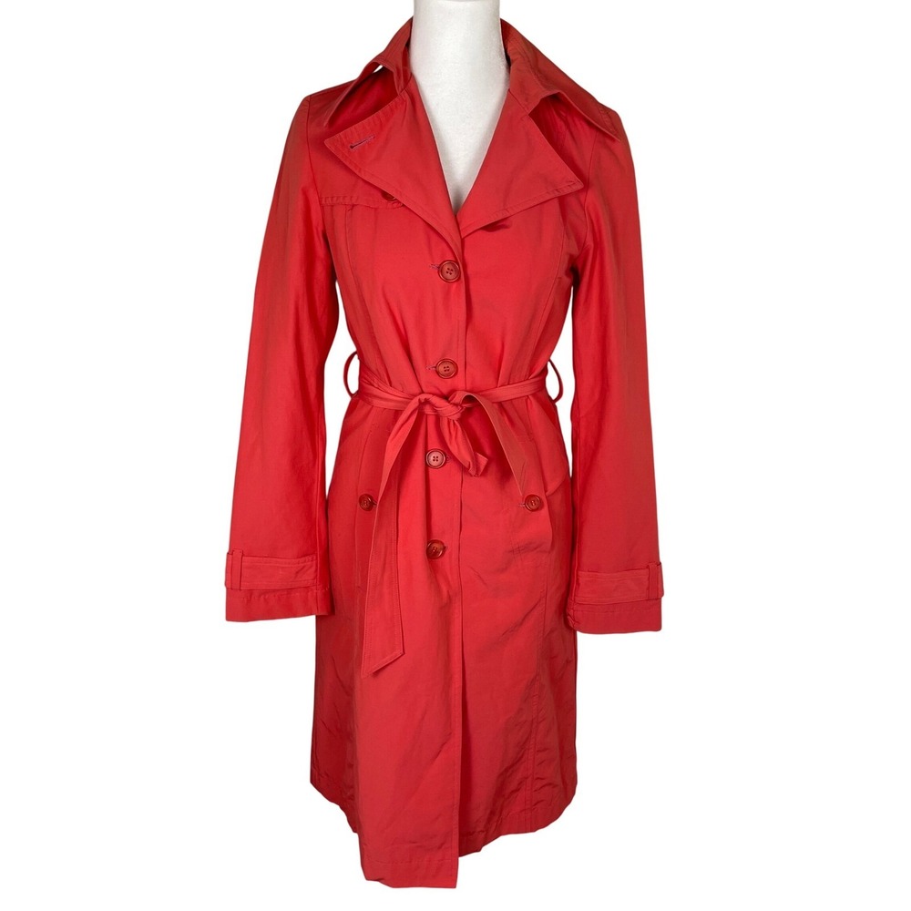 Sisley Trench Coat Women IT 38 Red Coral Belted Made in‎ Italy Cotton Blend Chic